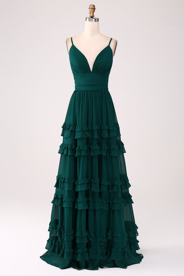 Spaghetti stropper Tiered Prom Dress med plisseret